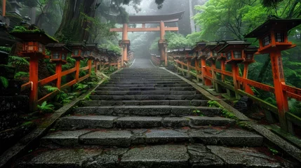 Foto op Aluminium red Torii gates next to foggy stairs © Marco