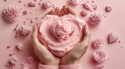 Women's hands are moisturizing cream for clean and soft skin in winter, the cream shape forms a heart on pink background, and a space for text is provided. Top view. The healthcare concept is