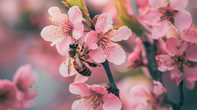 Blooming pink flowers on a tree branch with a bee in sight