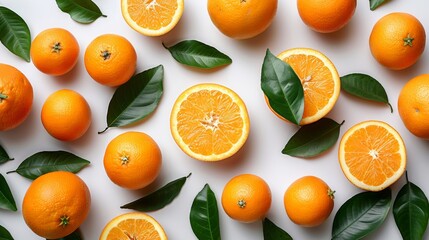 An orange and leaf arrangement on a white background, viewed from the top - obrazy, fototapety, plakaty