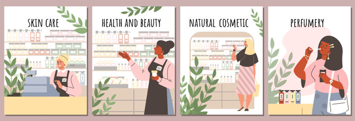 Set of flyers with people in a cosmetics store. Advertising template flat illustration.
