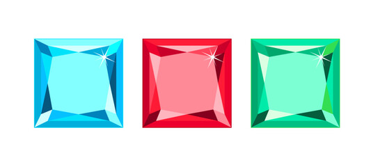 Gems set. Three square shaped gemstones. Vector cartoon flat illustration of red, blue and green jewel.