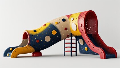 A colorful, whimsical playground scene with vibrant strokes of red, yellow, and navy, evoking the innocence of childhood. A playful object stands out against a white background - obrazy, fototapety, plakaty