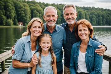 Portrait smiling multi-generation family on lake dock