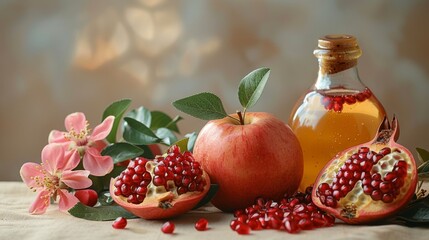 An apple, honey, and pomegranate on a beige background. A home remedy for acne. - obrazy, fototapety, plakaty