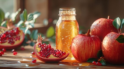 A beige background is layered with apples, honey, and pomegranates. - obrazy, fototapety, plakaty
