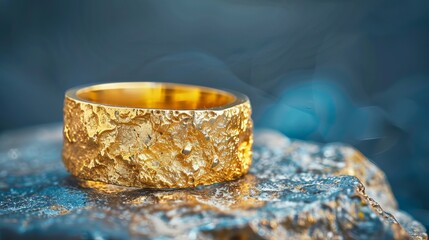 Beautiful gold ring with a natural stone texture showcased under studio lighting.