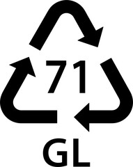 glass recycling code GL 71, clear glass symbol, ecology recycling sign, identification code, package waste black fill icon