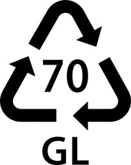 glass recycling code GL 70, mixed glass recycle symbol, identification code, black filled icon