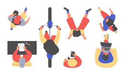 People, overhead view, set of isolated vector in flat cartoon style
