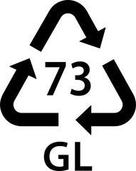 glass recycling code GL 73, dark sort glass symbol, ecology recycling sign, identification code, package waste black fill icon