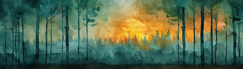 A vibrant 3D animation of a fire set within an abstract forest, rendered in soft greens and watercolor style. Balanced and minimalistic with pops of color. - obrazy, fototapety, plakaty