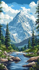 Place: A coloring book illustration of a majestic mountain peak,