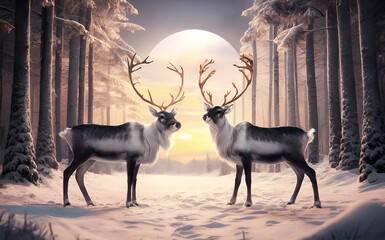 Obraz premium Image of reindeer in the snowy forest with Christmas light at sunset 
