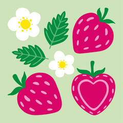 Hand Drawn Vector Strawberries with Strawberry Flowers and Leaves