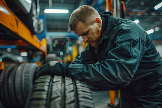 Car mechanic in a workshop changing tire