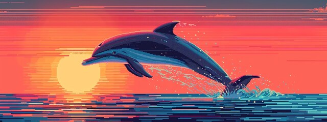 Illustrate a whimsical dolphin clipart in a pixel art style, showcasing the playful jump with a retro twist Use vibrant colors and sharp angles to convey a sense of fun and nostalgia © HomeHug Ai Gallery