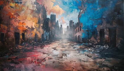 An oil painting depicting a post-apocalyptic city in baby blue, salmon orange, peach, and ruby red hues, using Renaissance techniques to convey a contrasting utopia of despair. - obrazy, fototapety, plakaty