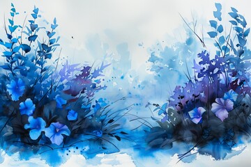 A serene flower garden painted in light blue and cobalt watercolors, utilizing negative space and subtle strokes to evoke tranquil elegance. - obrazy, fototapety, plakaty