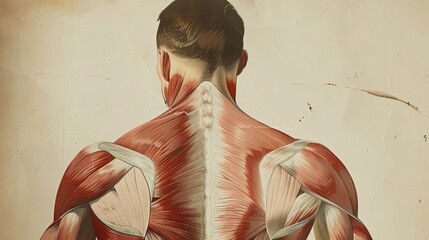 Diagram of a man's upper back, showing the blades, shoulder, and trapezius muscles. - obrazy, fototapety, plakaty