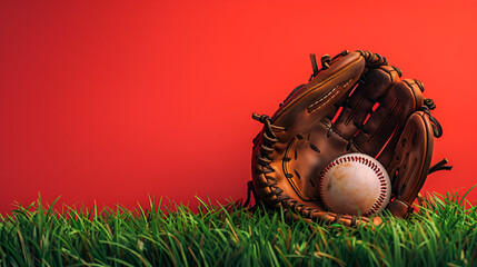 Baseball glove, ball, green grass background, on AdobeStock, Generative Ai