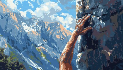 Capture the grace and strength of a climbers hand reaching for safety on a towering mountain face, portrayed in detailed realism using pixel art - obrazy, fototapety, plakaty