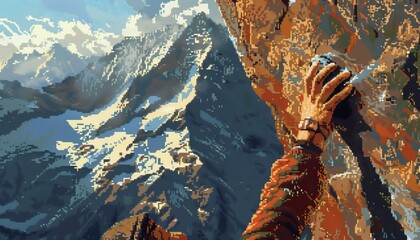 Capture the grace and strength of a climbers hand reaching for safety on a towering mountain face, portrayed in detailed realism using pixel art - obrazy, fototapety, plakaty
