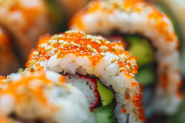 American cuisine concept. Pieces of California Roll served in a sushi restaurant. Close up indoor shot