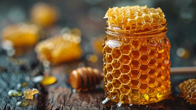 The wood background is decorated with honeycombs, a jar containing honey, and a dipper