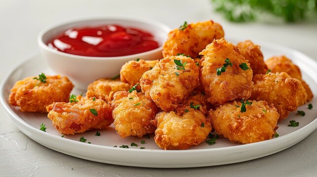 On a white background, fried chicken nuggets and ketchup are arranged on a plate.
