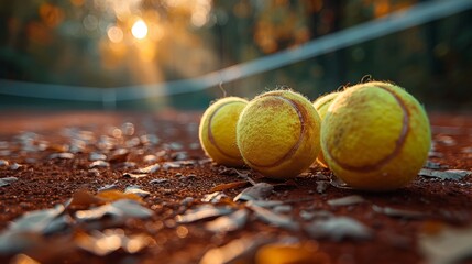 Court with clay courts and tennis racquets - obrazy, fototapety, plakaty
