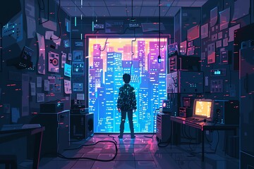 Combine the essence of advanced AI with the concept of cognitive dissonance, portrayed in pixel art style with a top-down perspective capturing an unexpected interaction