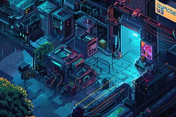 Combine the essence of advanced AI with the concept of cognitive dissonance, portrayed in pixel art style with a top-down perspective capturing an unexpected interaction - obrazy, fototapety, plakaty