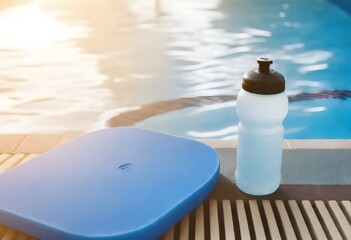 Kick board and water bottle on swimming pool - obrazy, fototapety, plakaty