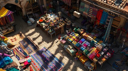 Bustling Aerial Marketplace with Vibrant Textiles and Handcrafted Goods