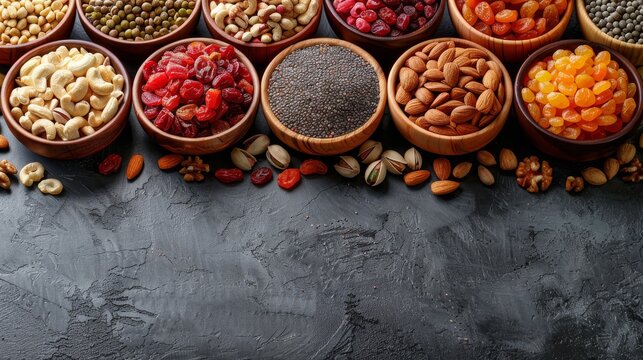 Dry fruits and nuts are displayed on a gray background on a board and bowls
