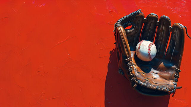 Baseball glove holding ball on red background, Generative Ai