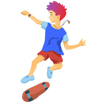 Illustration of a boy performing a trick on a skateboard. stylish hairstyle and sportswear. Vector boy in red sherts and blue t-shirt making in a jump.