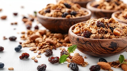 This is an illustration of granola with nuts and raisins on a white background