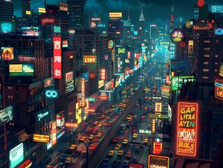 Captivating Cityscape Aglow with Neon Lights and Global Brands in the Heart of the Metropolis