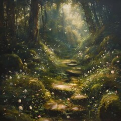 Captivating Forest Path Illuminated by Dappled Sunlight and Encircled by Ethereal Flowers and Glowing Butterflies