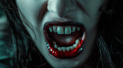 Horrifying person with vampire fangs dripping with blood, evoking a sense of fear and danger. - obrazy, fototapety, plakaty
