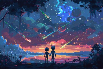Design a pixel art scene where two Aliens hold hands beneath a sky filled with shooting stars and planets, highlighting their unique love story - obrazy, fototapety, plakaty