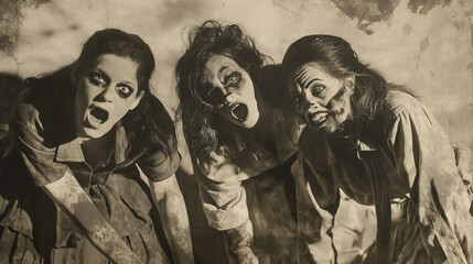 Three people dressed as zombies in sepia tones, posing with theatrical expressions of shock and horror.