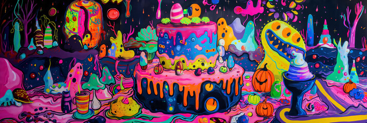 Psychedelic birthday party with vibrant colors, whimsical creatures, and a fantasy cake.