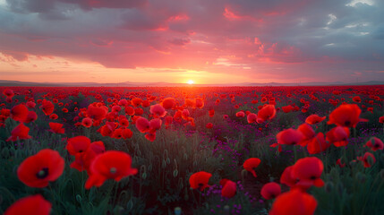 Fototapeta na wymiar Landscape with a Nice Sunset over a Poppy Field, Red rose field in sunrise morning with beautiful sky 