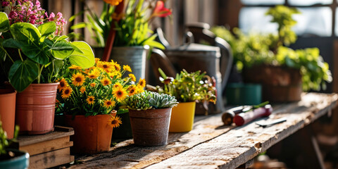 greenhouse table with flower and plant pots - obrazy, fototapety, plakaty