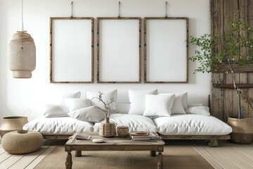 Magazine-style photography of a Japanese-inspired modern living room, square coffee table, white sofa, rustic elements, and blank poster frames for art display