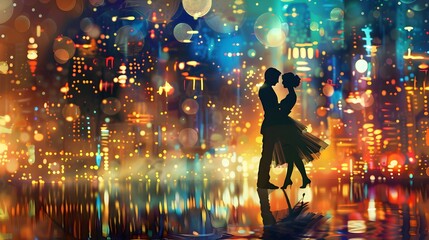 Couple Dancing in Twinkling Cityscape Intimate Silhouette Under Vibrant Nighttime Lights
