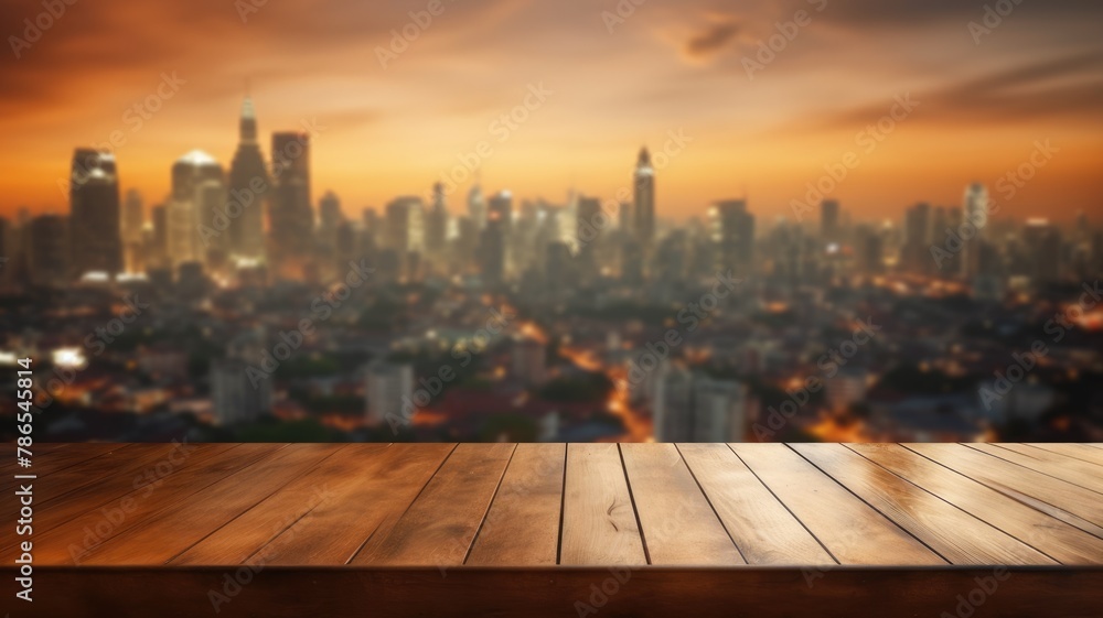 Poster the empty wooden table top with blur background of city skyline. exuberant image. generative ai